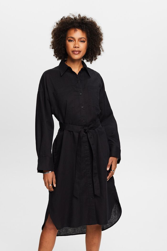 Linen-Cotton Belted Shirt Dress, BLACK, detail image number 0