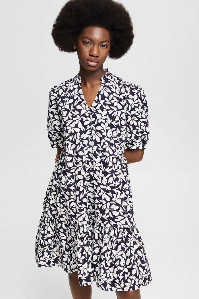 Cotton dress with a print, NAVY, overview