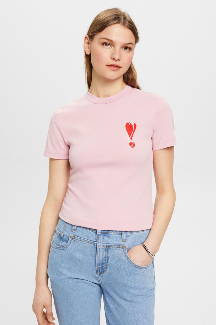 Cotton T-shirt with embroidered heart motif, PINK, detail image number 0