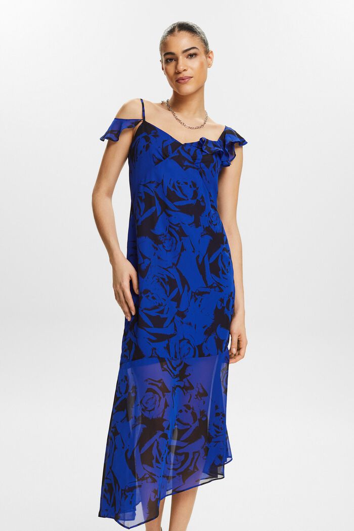 Off-The-Shoulder Printed Chiffon Midi Dress, BRIGHT BLUE, detail image number 0