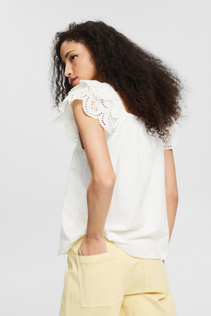 T-shirt with flounce sleeves in broderie anglaise, OFF WHITE, detail image number 3