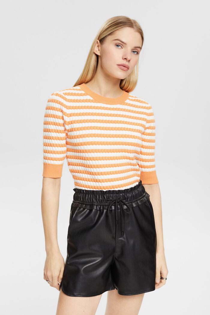 Striped bubble knit sweater with cropped sleeves, GOLDEN ORANGE, detail image number 0