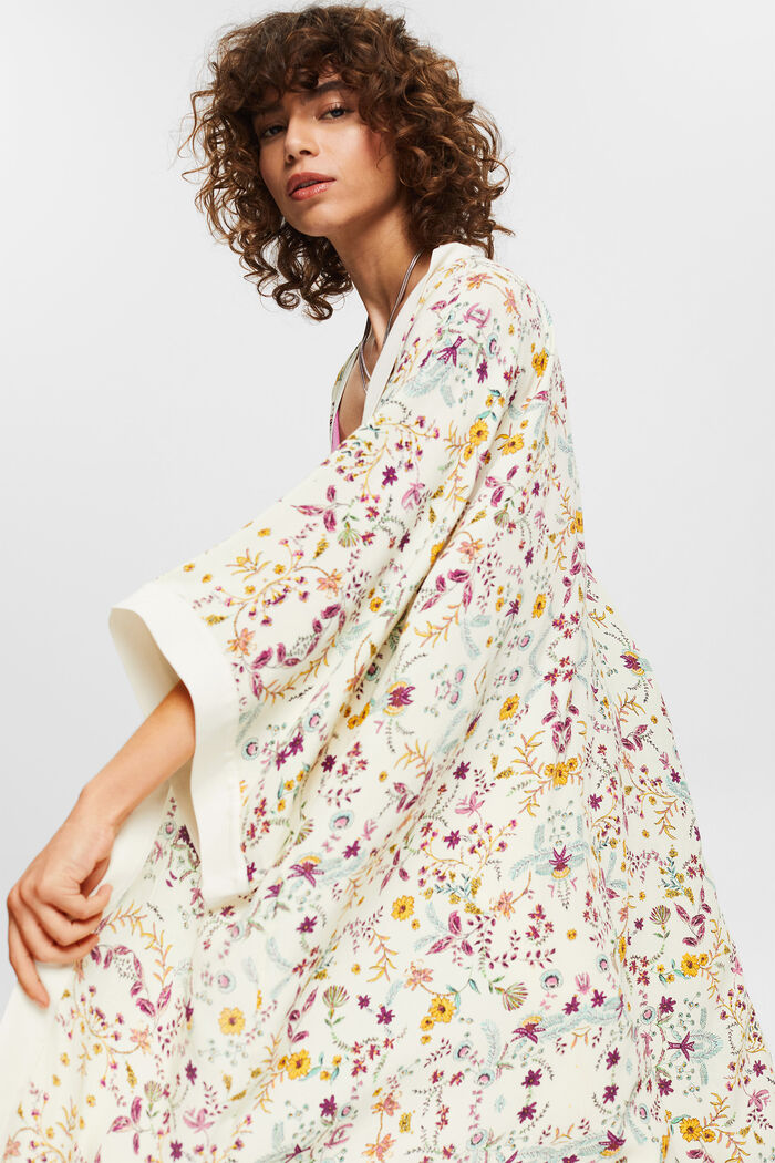 Kimono with a floral print, CREAM BEIGE, overview