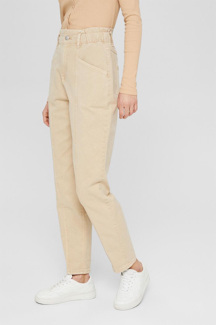 Trousers with a paperbag waistband, organic cotton, BEIGE, detail image number 0