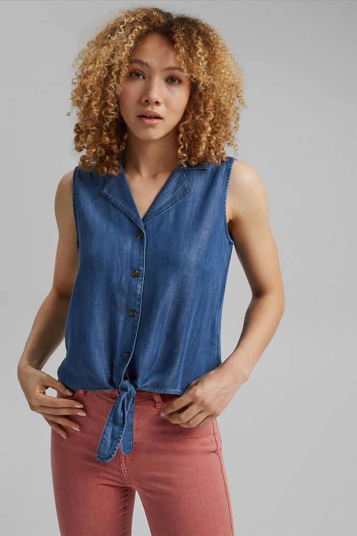 Made of TENCEL™: blouse top in a denim look, BLUE MEDIUM WASHED, detail image number 0