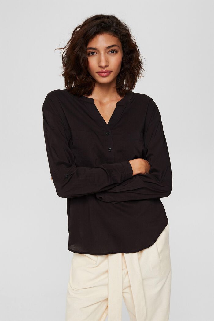 Blouse with a cup-shaped neckline and pockets, BLACK, detail image number 0