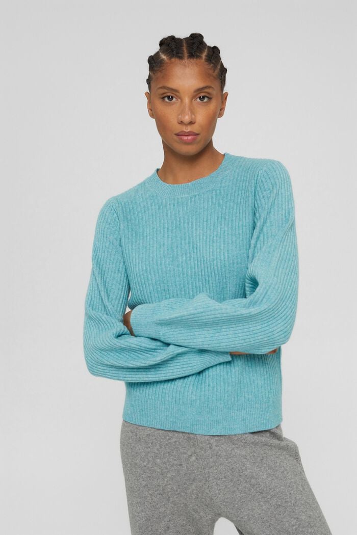 Wool blend: jumper with balloon sleeves, LIGHT AQUA GREEN, detail image number 0