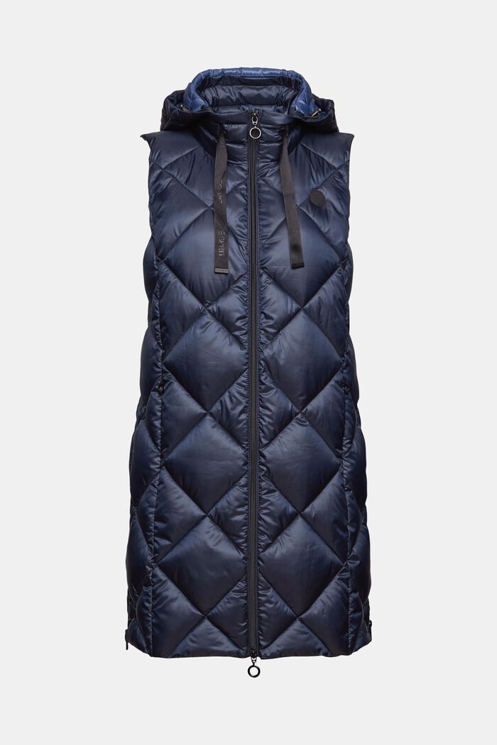Recycled: long quilted body warmer with hood, NAVY, overview