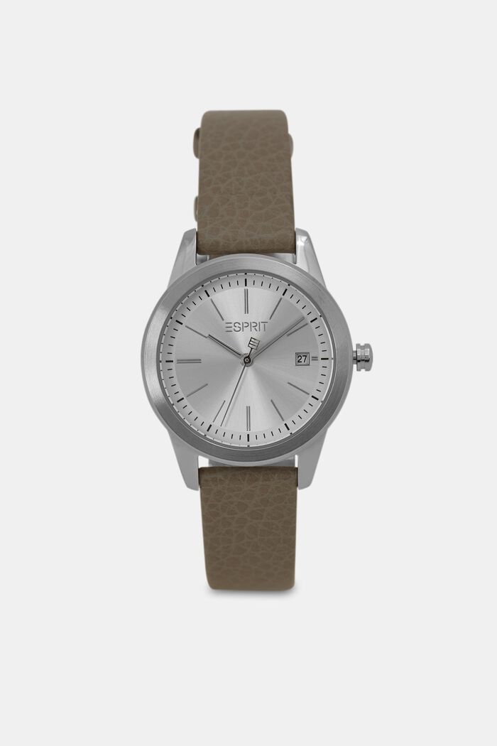 Stainless-steel watch with a leather strap, GREY, overview