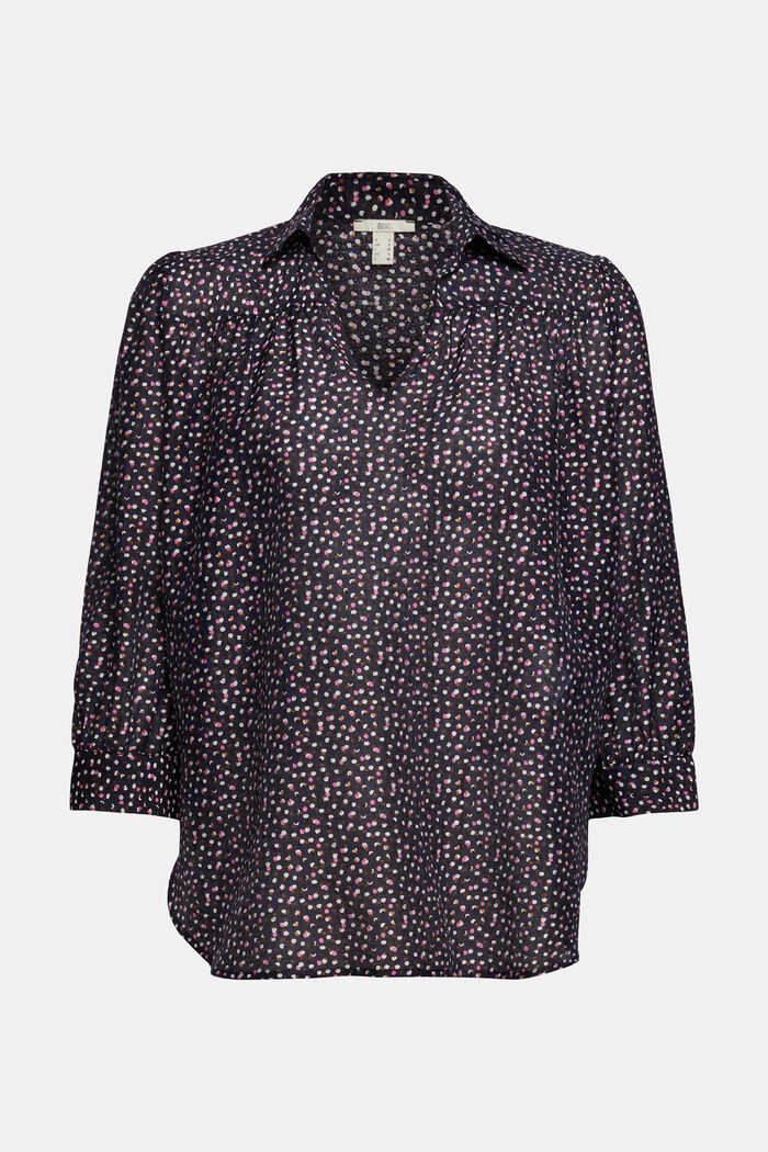 Patterned blouse with linen, NAVY, overview
