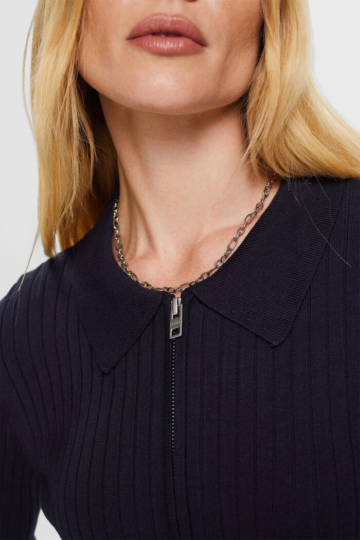 Rib-knit zipper cardigan with polo collar, NAVY, detail image number 1
