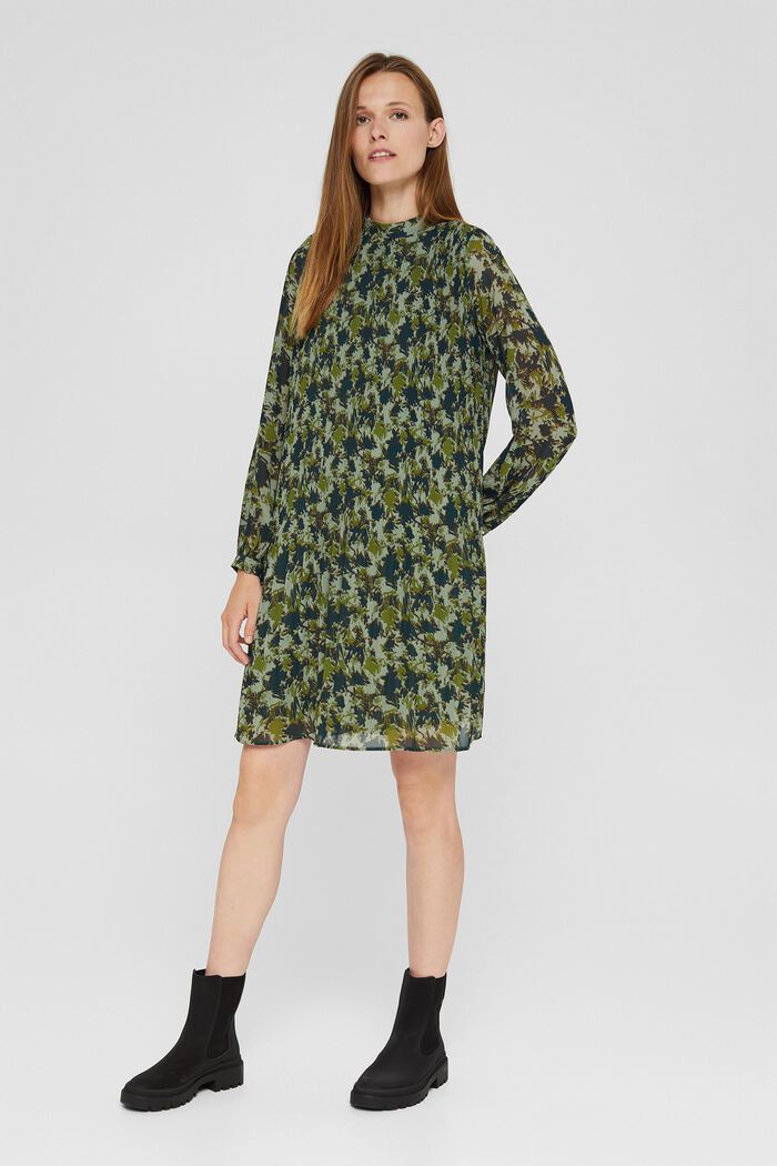 Recycled: pleated dress with a print, DUSTY GREEN, detail image number 1