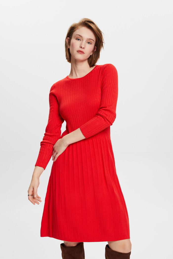 Pleated Rib-Knit Dress, RED, detail image number 1
