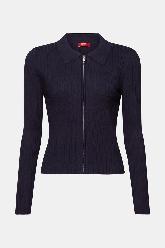 Rib-knit zipper cardigan with polo collar, NAVY, detail image number 5