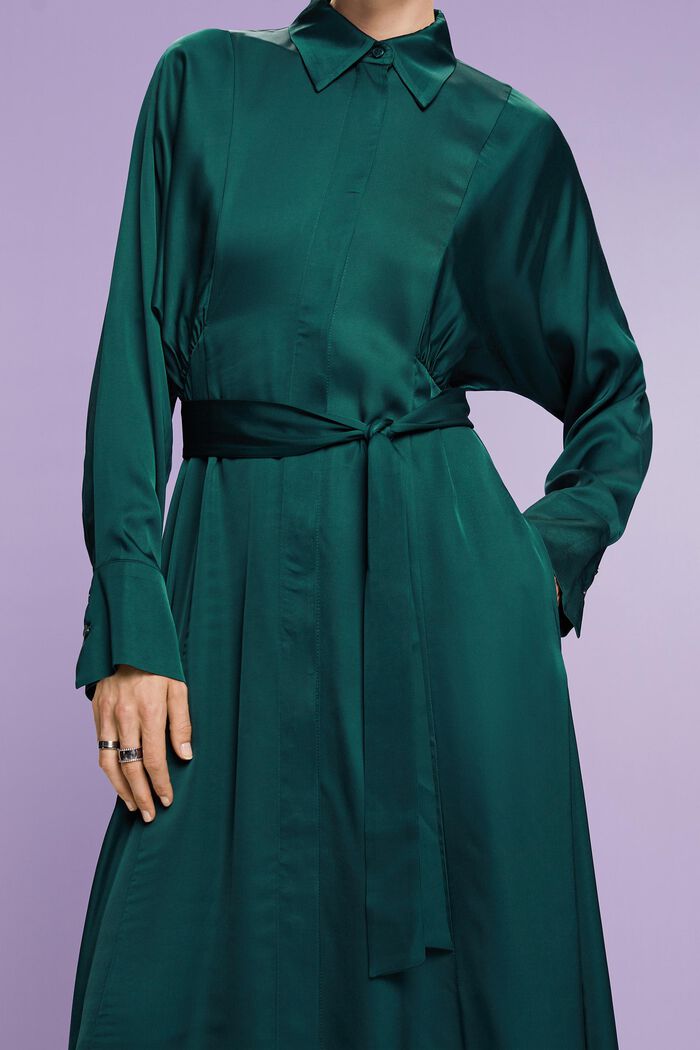 Belted Satin Dress, EMERALD GREEN, detail image number 1