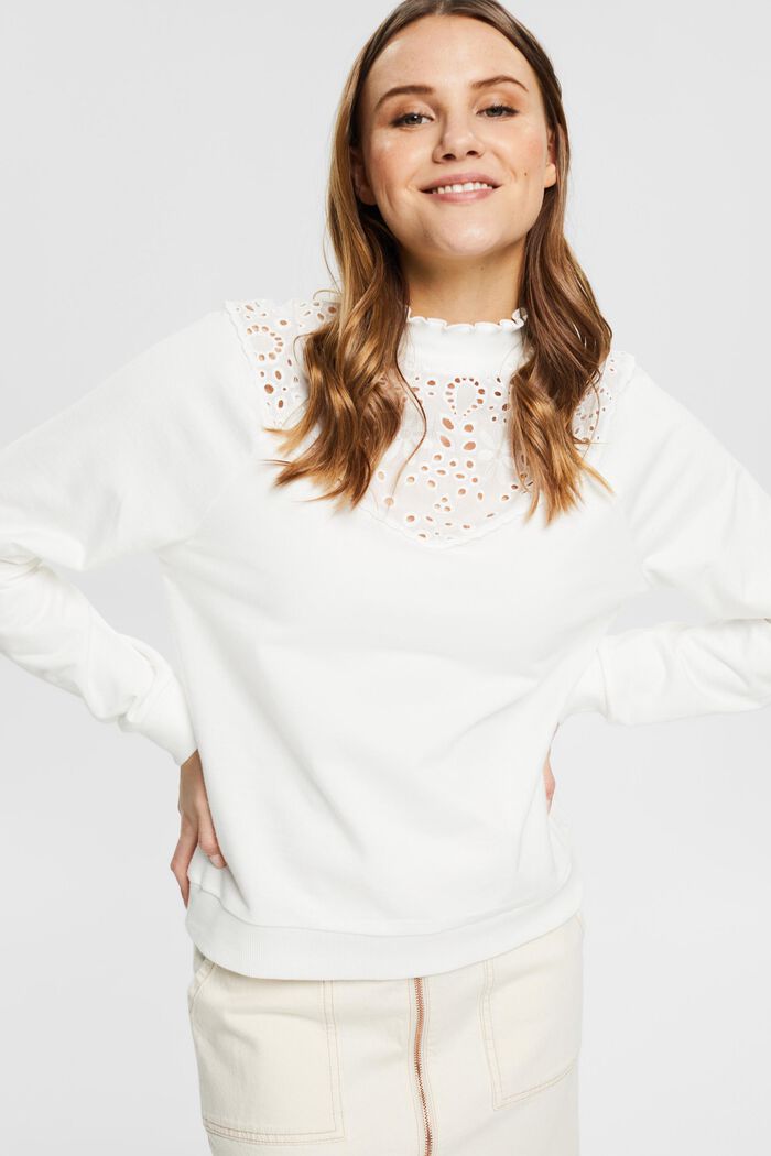 Sweatshirt with broderie anglaise, organic cotton, OFF WHITE, detail image number 6