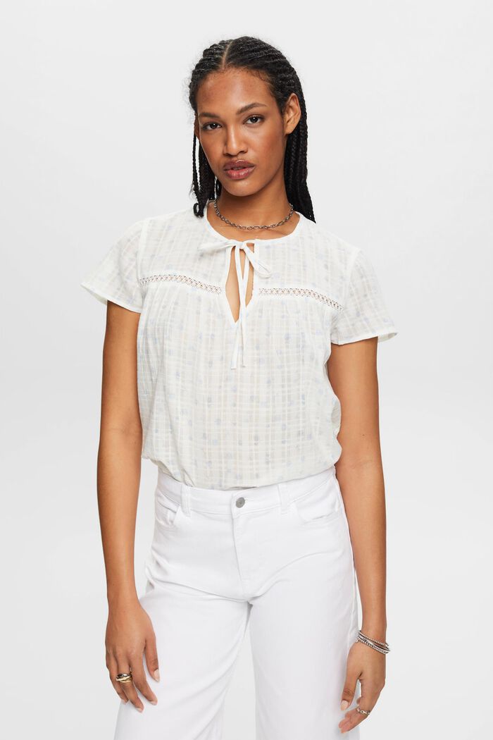 Short-sleeved cotton blouse with all-over pattern, OFF WHITE, detail image number 0