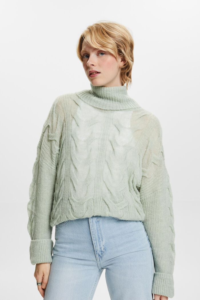 Cable-Knit Turtleneck Sweater, LIGHT AQUA GREEN, detail image number 3