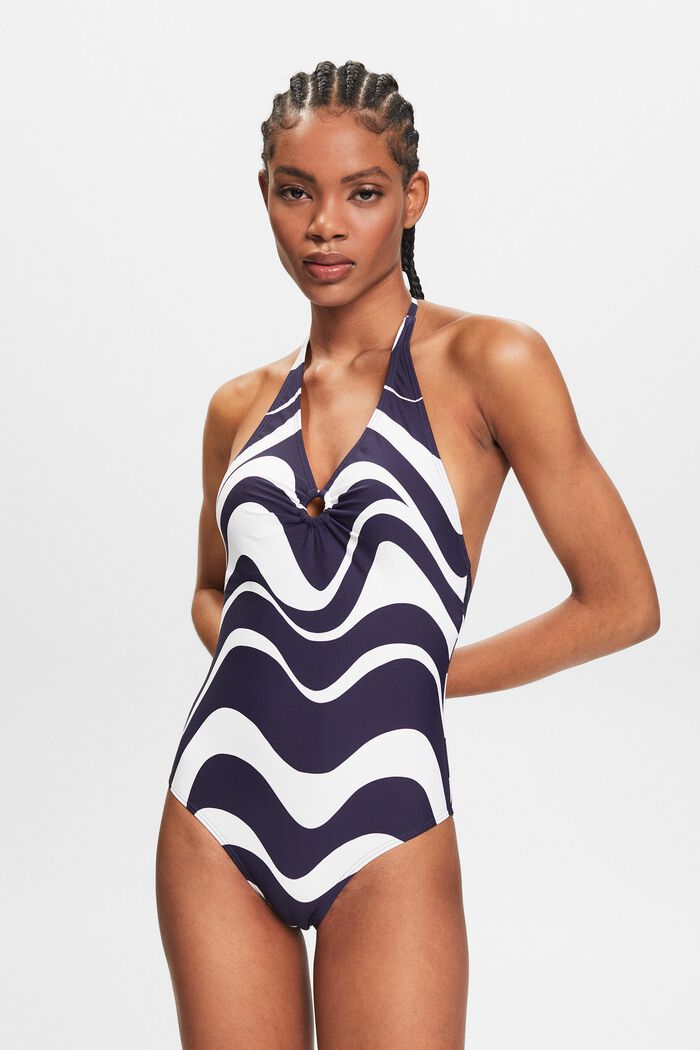Printed Halter One-Piece Swimsuit, NAVY, detail image number 0