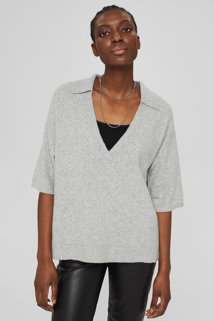Wool blend: short sleeve jumper with a shirt collar, LIGHT GREY, overview