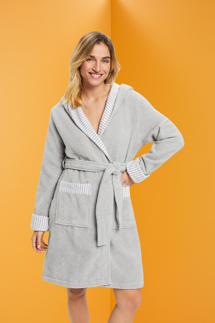 Terry cloth bathrobe with striped lining, STONE, detail image number 0
