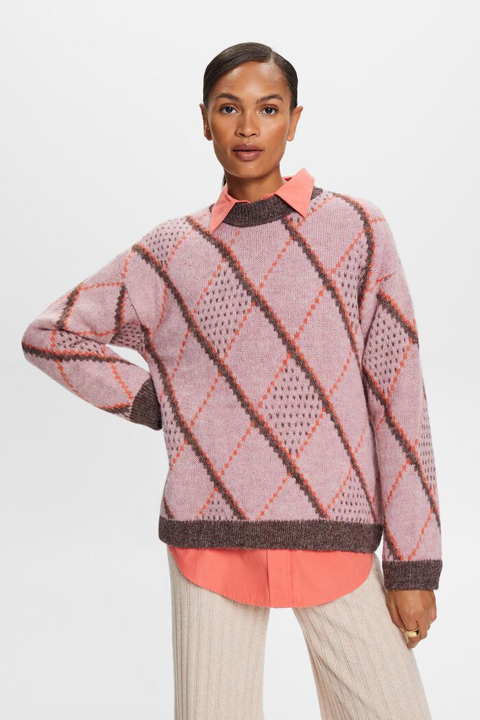 Checked Wool-Blend Sweater, OLD PINK, detail image number 1
