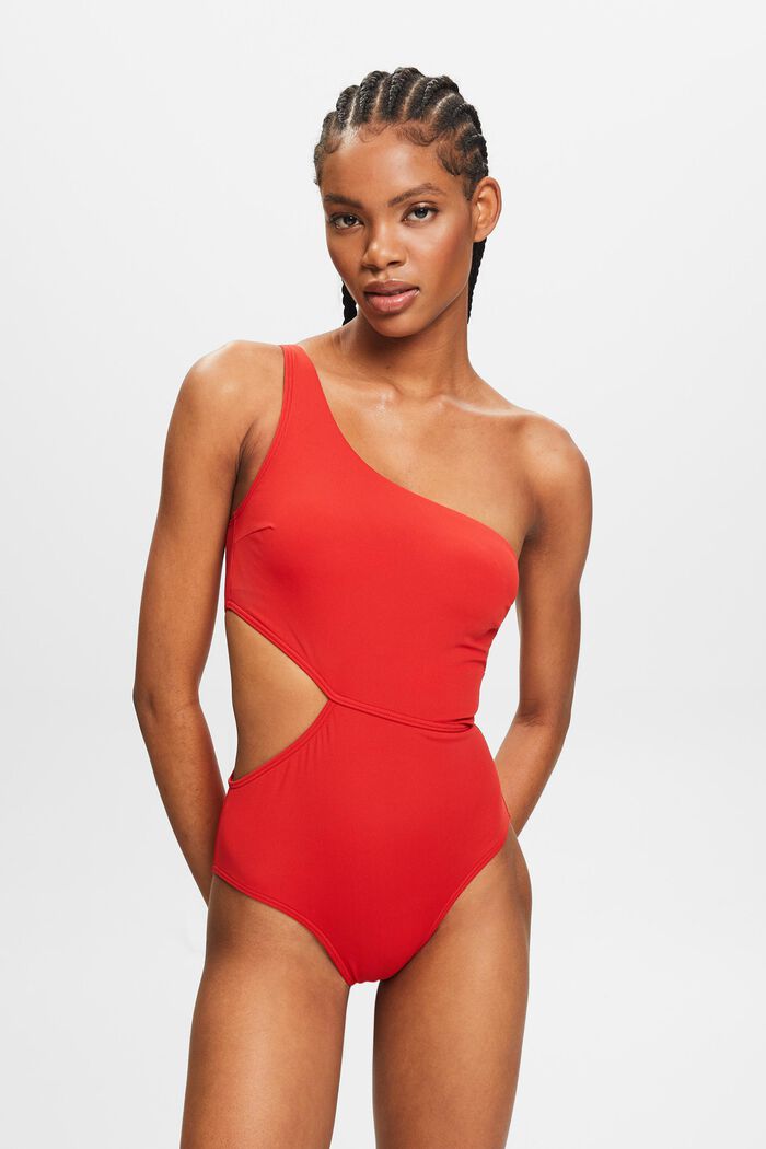 One-Shoulder Cutout Swimsuit, DARK RED, detail image number 0
