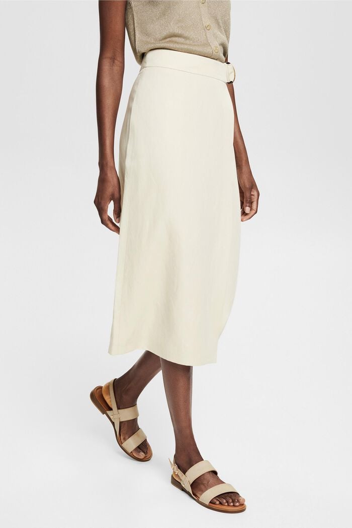 With linen: midi skirt in a wrap-over look, LIGHT BEIGE, detail image number 0