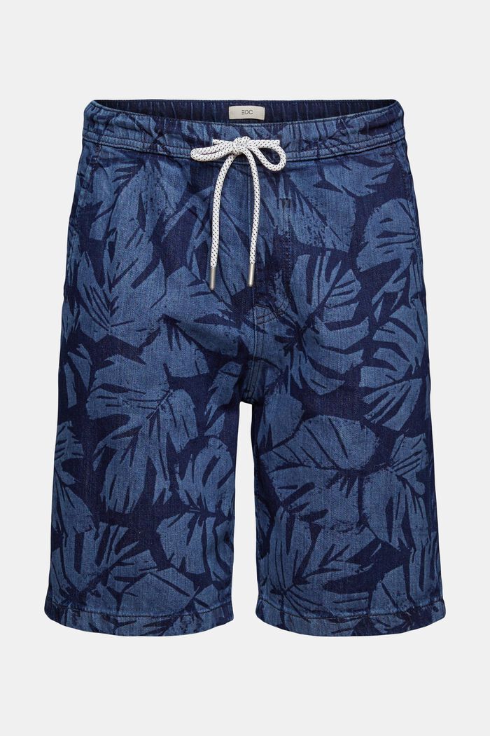 Denim shorts with a tropical print, BLUE MEDIUM WASHED, overview