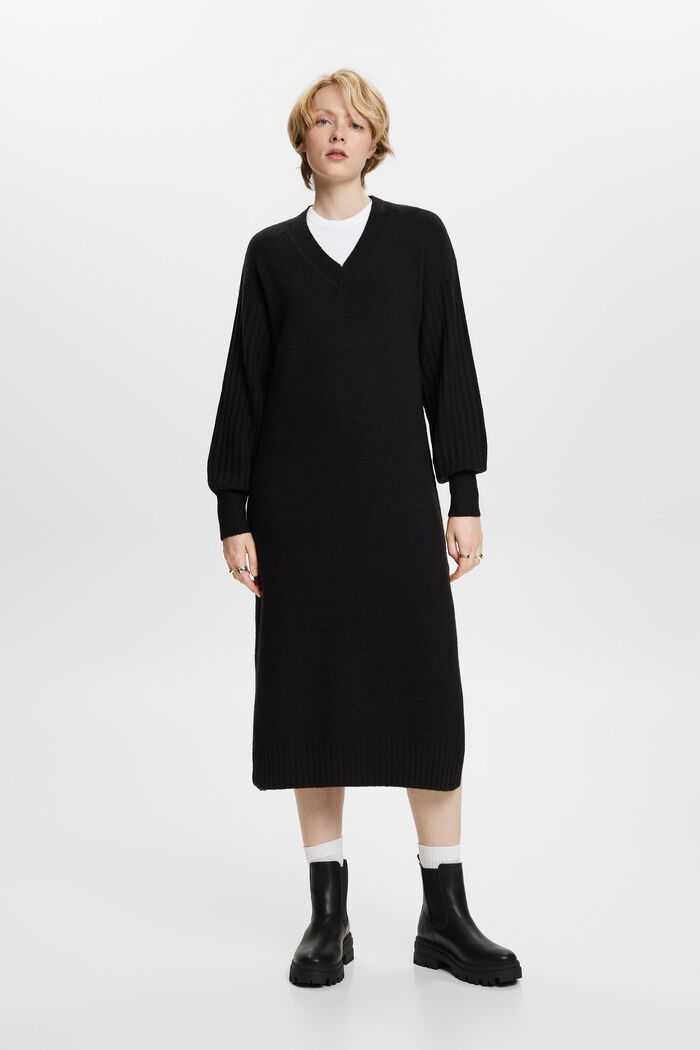 Wool-Blend Knit Midi Dress, BLACK, detail image number 4