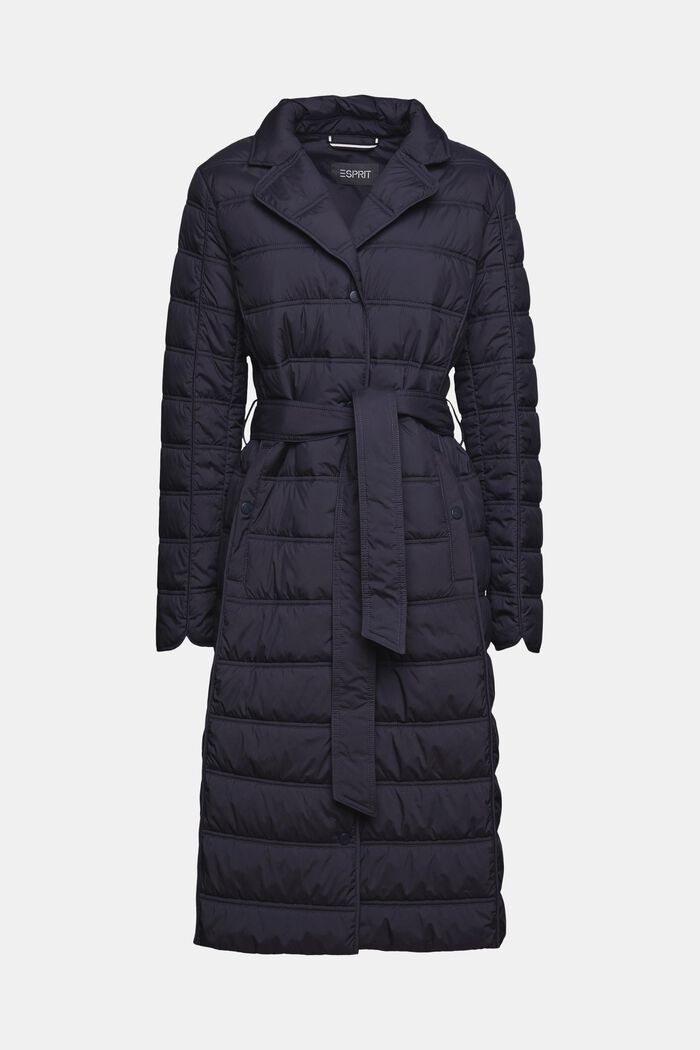 Recycled: Quilted coat with tie-around belt, NAVY, overview