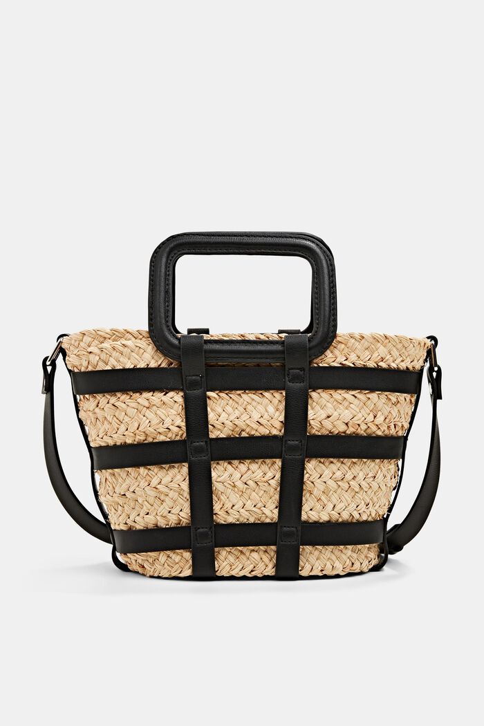 Straw bag with faux leather elements, BLACK, detail image number 0