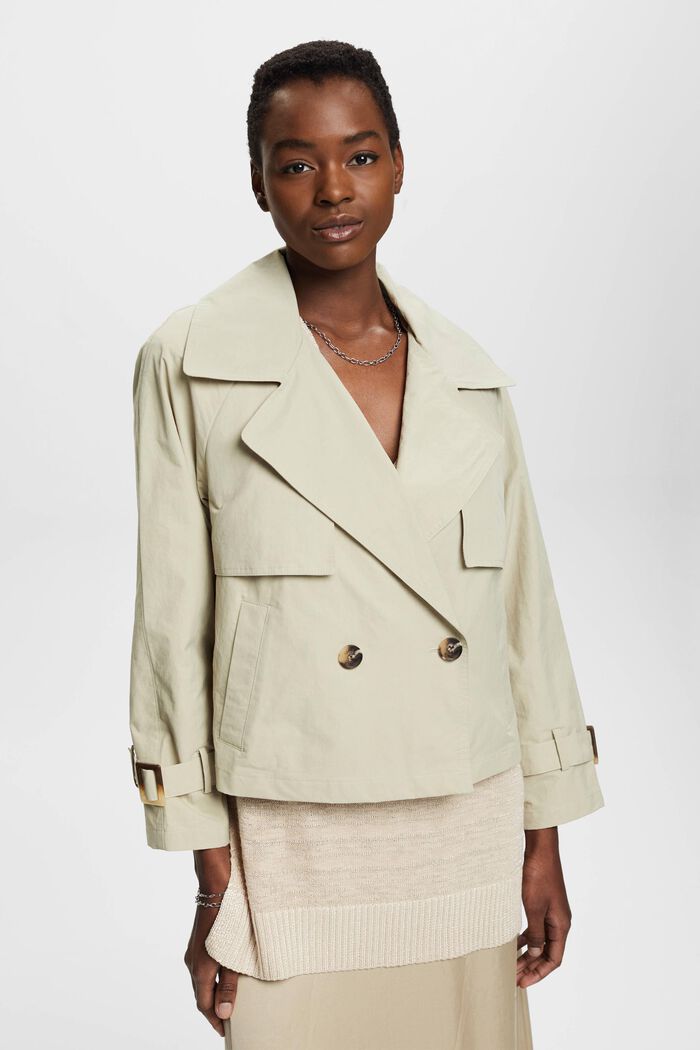 Short double-breasted trench coat, DUSTY GREEN, detail image number 0