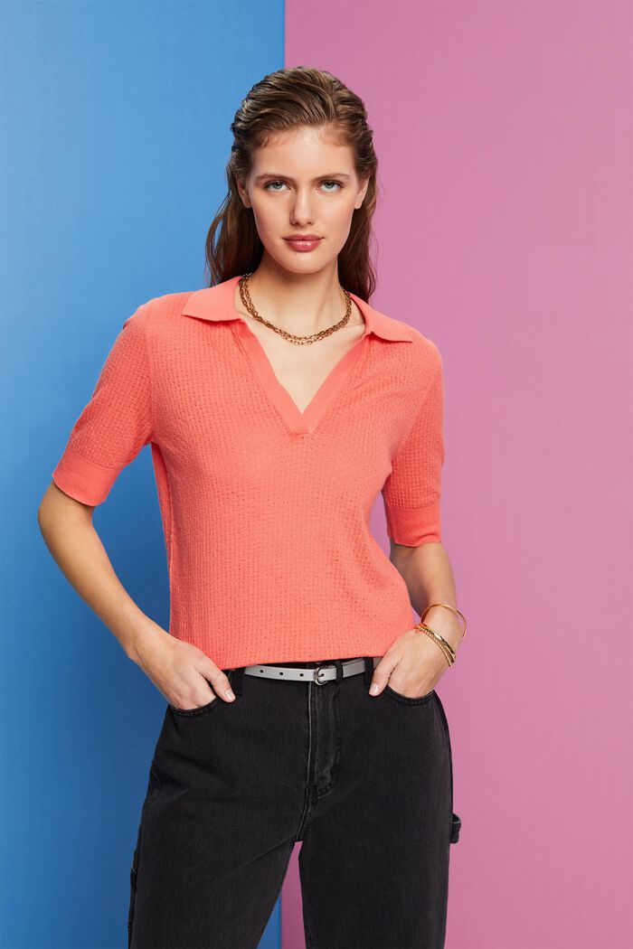 Pointelle polo jumper, silk blend, CORAL, detail image number 0