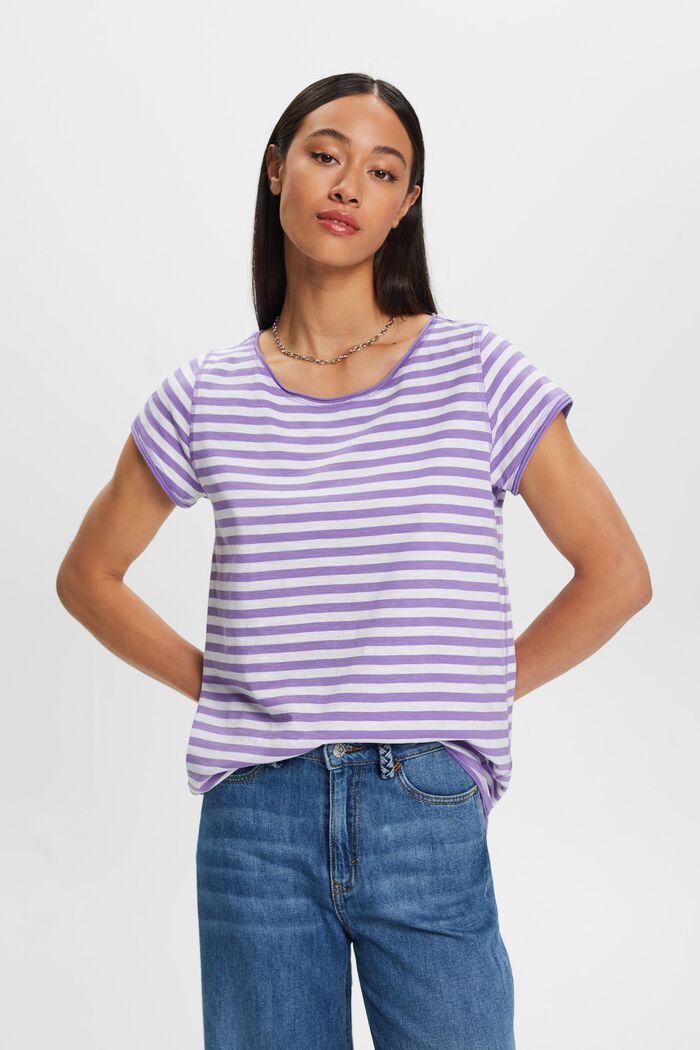 Striped roll edge t-shirt, PURPLE, detail image number 0