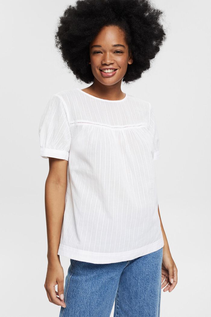 Short sleeve blouse with a woven pattern, 100% cotton, WHITE, detail image number 0