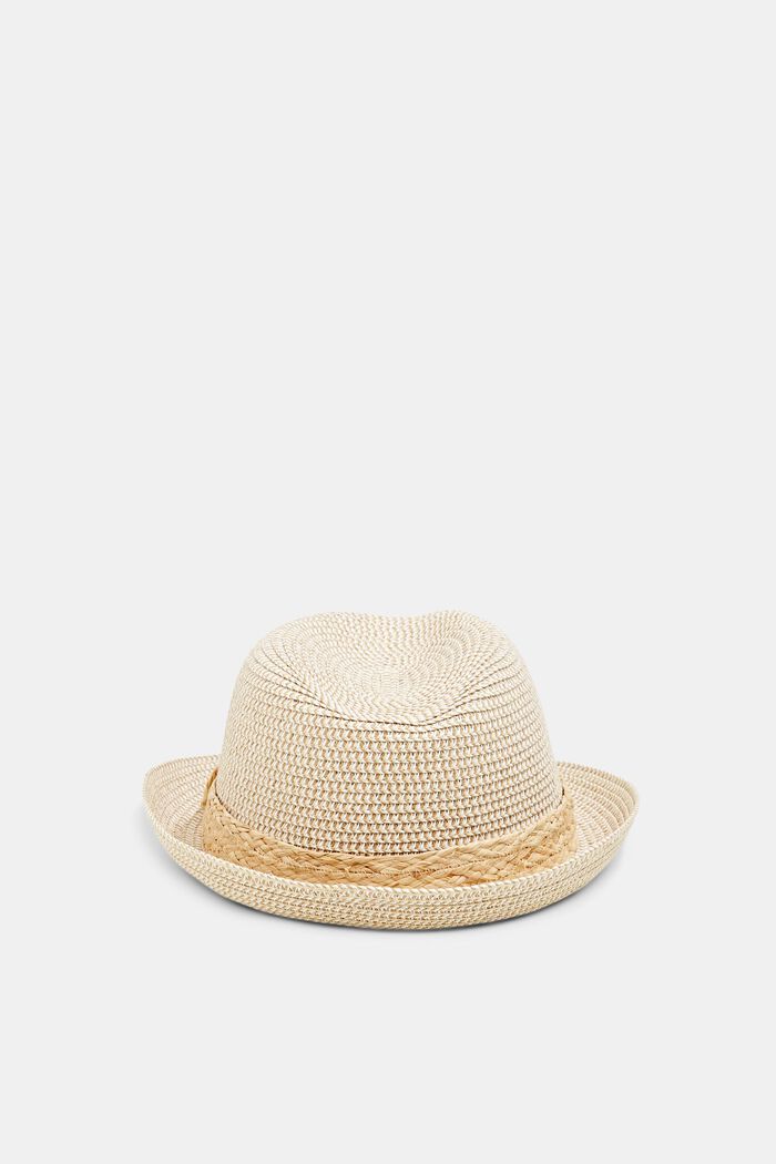Mottled trilby hat with a straw band