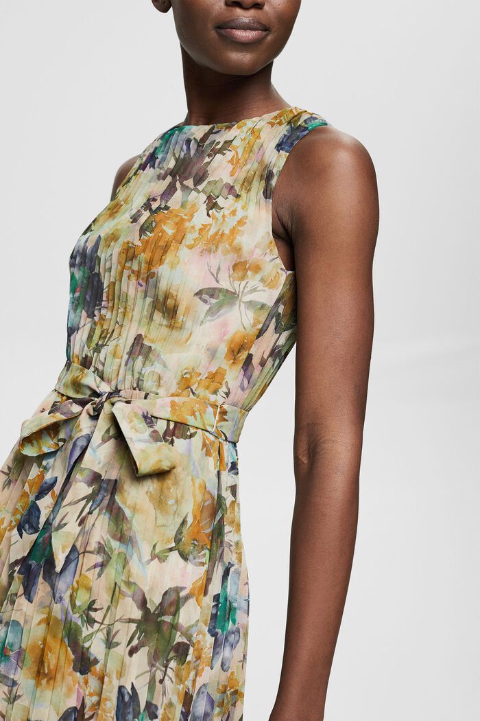 Made of recycled material: pleated dress with a floral print, OFF WHITE, detail image number 3