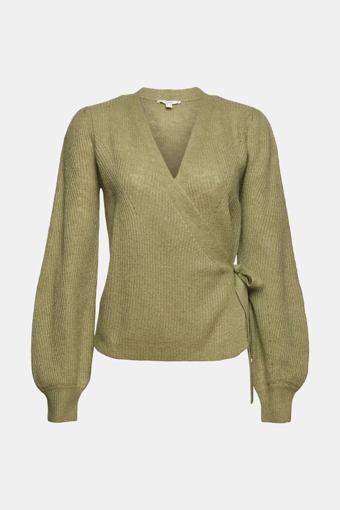 Wool/alpaca blend: cardigan in a wrap-over look, LIGHT KHAKI, overview