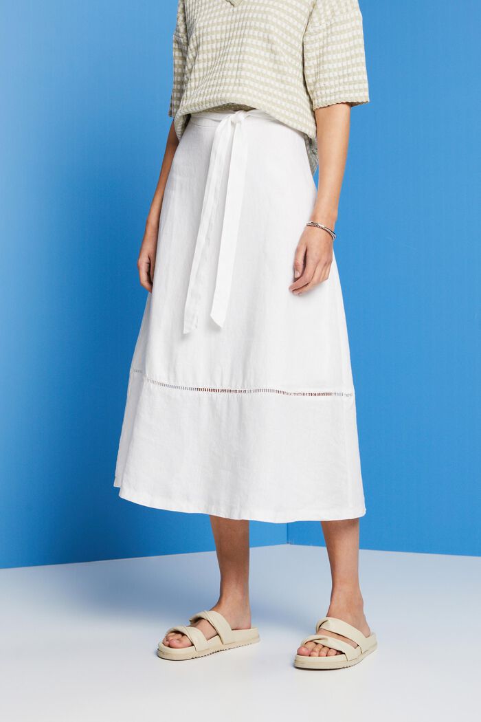 Midi skirt with belt, 100% linen, WHITE, detail image number 0