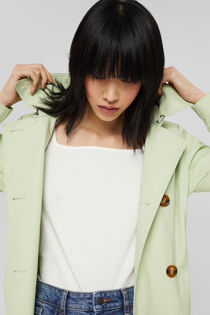 Short trench coat with a belt, in an organic cotton blend, PASTEL GREEN, detail image number 5