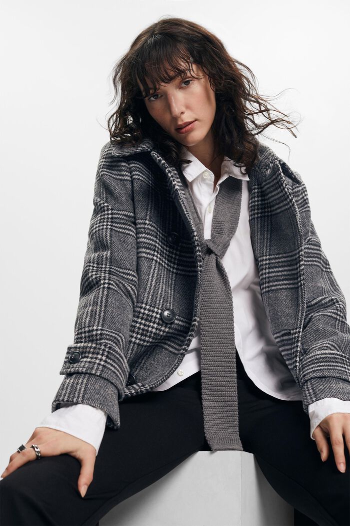 Recycelt: checked wool blend coat with cashmere, BLACK, detail image number 1
