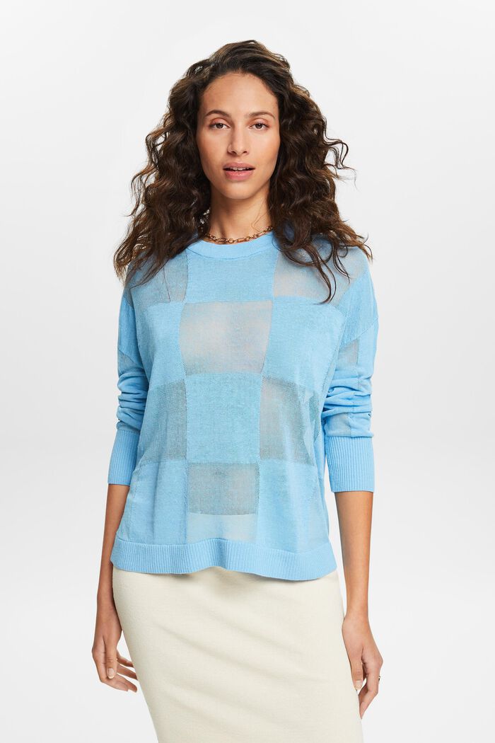 Linen-Blend Checked Sweater, LIGHT TURQUOISE, detail image number 0