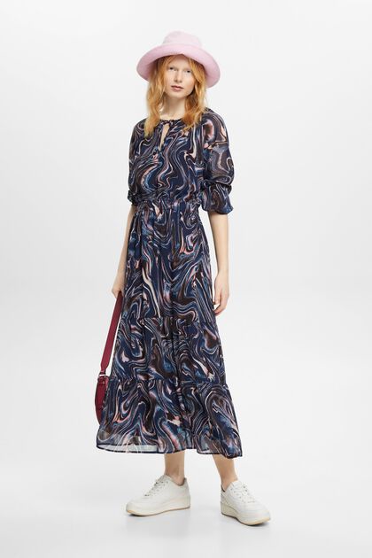 Crinkled chiffon maxi dress with flounce sleeves