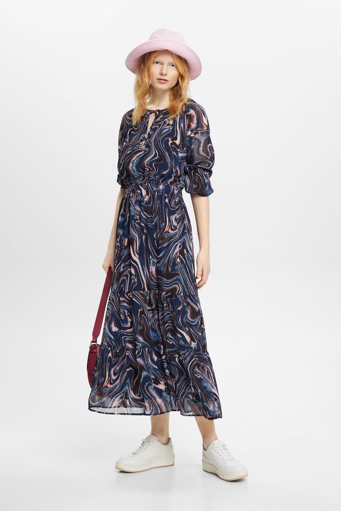 Crinkled chiffon maxi dress with flounce sleeves, NAVY, detail image number 1