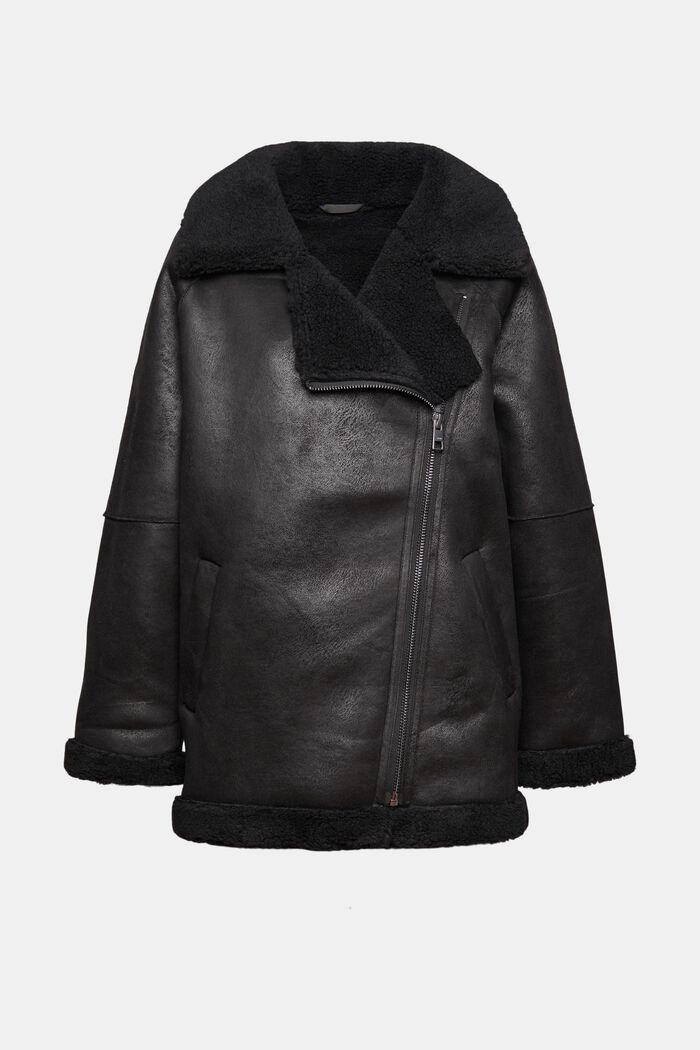 Wool blend: Faux shearling biker jacket, BLACK, detail image number 6