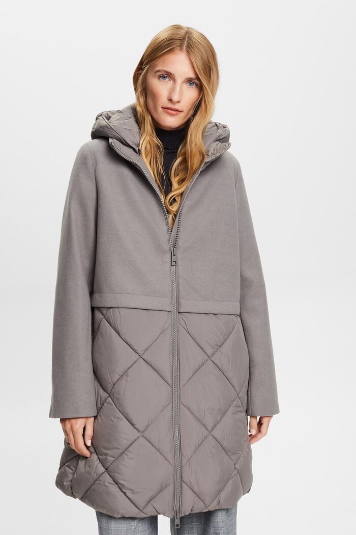 Mixed Material Hooded Coat, LIGHT GREY, detail image number 0