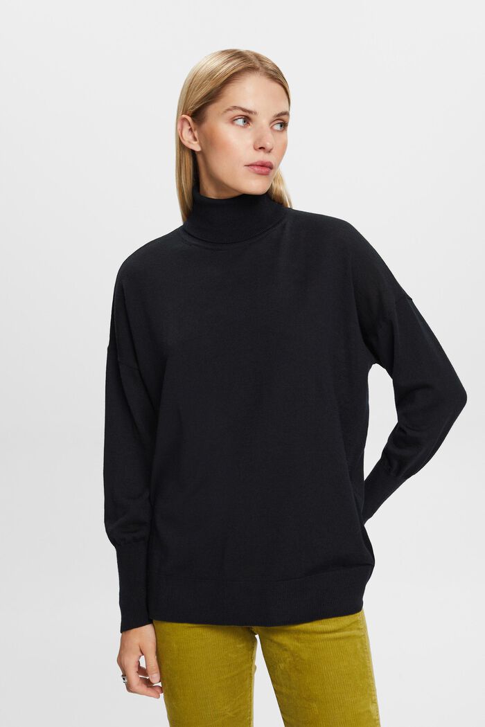 Oversized Wool Turtleneck Sweater, BLACK, detail image number 2