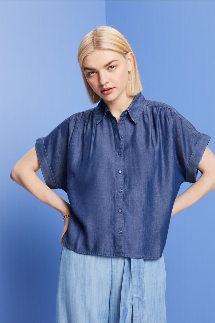 Oversized shirt blouse, TENCEL™, BLUE DARK WASHED, detail image number 0