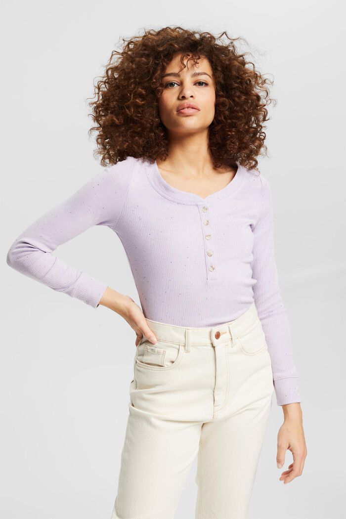 Long sleeve top featuring fantasy yarn, organic cotton blend, LILAC, detail image number 0